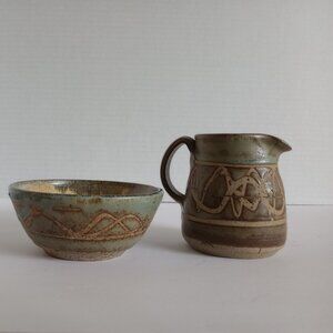 Studio pottery miniature pitcher and bowl